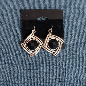 Elegant Silver Hook Earrings with Central Black Stone